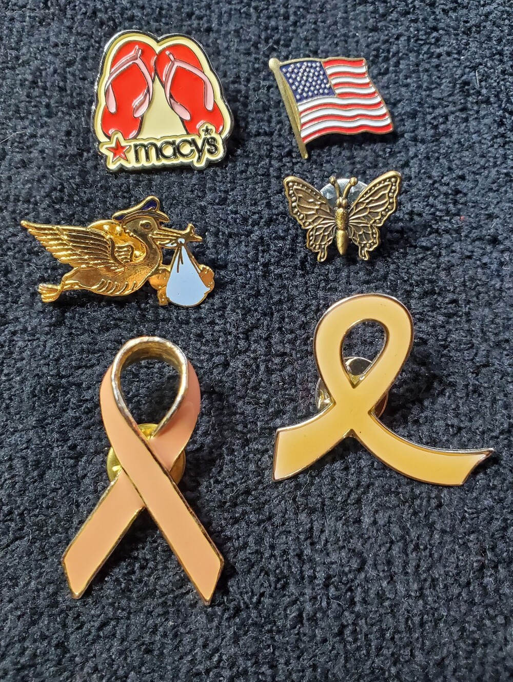 Lot of 6 Vintage Enamel Lapel Pins Macy's US Flag Stork Butterfly 2 Ribbons